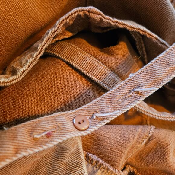 Wishlist Denim Wide Leg Overalls Jumpsuit L Rust Brown Cropped Raw Hem - Picture 10 of 12